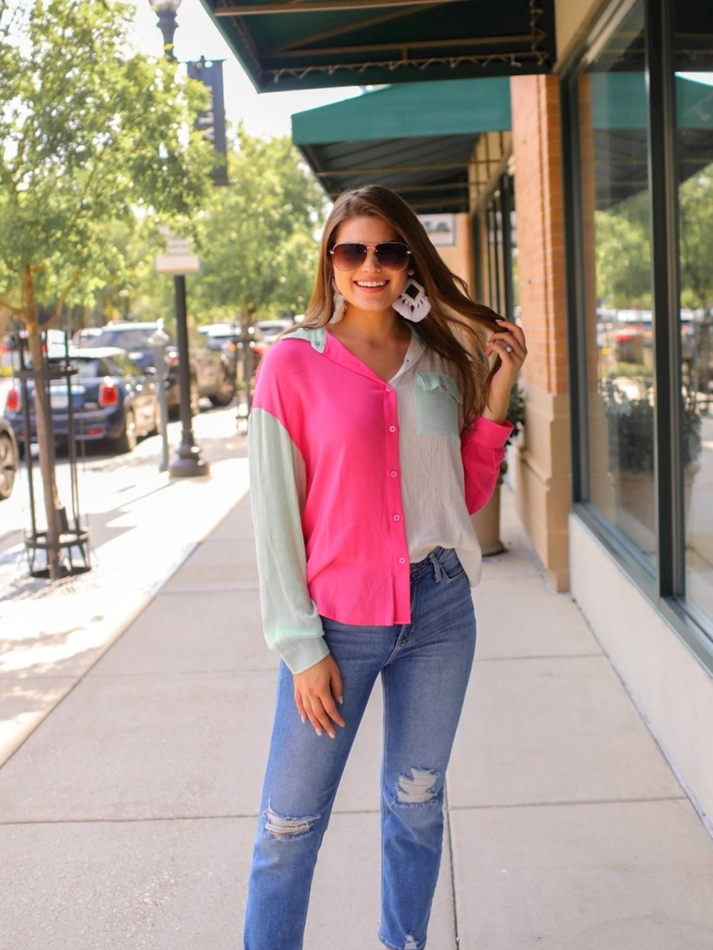 Jess Lea Pink Green White Colorblock Button Down Shirt 2X NWOT